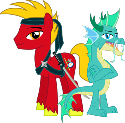 Size: 2918x2874 | Tagged: safe, artist:shadymeadow, oc, oc:jikan, oc:kenji, dragon, earth pony, pony, male, solo, stallion, sword, weapon