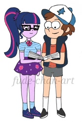 Size: 730x1095 | Tagged: safe, artist:fude-chan-art, sci-twi, twilight sparkle, equestria girls, book, crossover, diplight, dipper pines, gravity falls