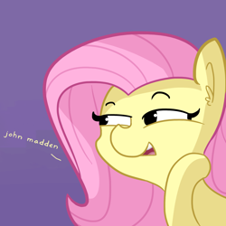 Size: 1280x1280 | Tagged: safe, artist:tjpones, edit, fluttershy, pegasus, pony, bust, dialogue, dialogue edit, john madden, lidded eyes, meme, moonbase alpha, purple background, simple background, solo, the pony machine learning project, youtube link