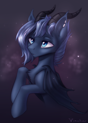 Size: 1658x2318 | Tagged: safe, artist:vincher, oc, oc:redian, bat pony, pony, horns, solo