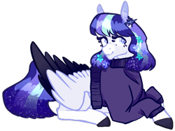 Size: 774x580 | Tagged: artist needed, safe, oc, oc only, oc:celeste, pegasus, pony, clothes, female, looking at you, mare, prone, simple background, sweater, transparent background