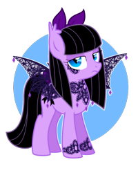 Size: 800x1000 | Tagged: safe, artist:yokokinawa, oc, bat pony, pony, bat pony oc, black hair, bow, female, goth, goth pony, jewelry, lace, looking at you, mare, not amused face, straight hair