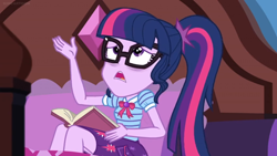 Size: 1600x900 | Tagged: safe, screencap, sci-twi, twilight sparkle, better together, equestria girls, holidays unwrapped, bags under eyes, bed, book, glasses, ponytail, tired