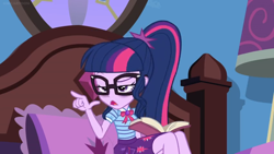 Size: 1600x900 | Tagged: safe, screencap, sci-twi, twilight sparkle, better together, equestria girls, holidays unwrapped, bags under eyes, bed, book, glasses, lamp, pillow, pointing, ponytail, tired