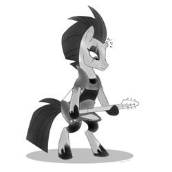 Size: 768x768 | Tagged: safe, artist:tim-kangaroo, fizzlepop berrytwist, tempest shadow, pony, guitar, looking down, magic, monochrome, playing instrument, shadow, simple background, white background