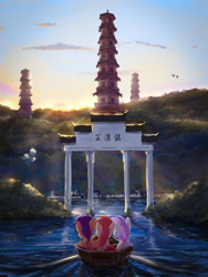 Size: 2736x3648 | Tagged: safe, artist:dreaming heart, apple bloom, scootaloo, sweetie belle, earth pony, pegasus, pony, unicorn, boat, chinese, commission, female, filly, pagoda, scenery, seresia, town of yun xi, water