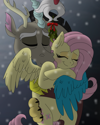 Size: 7500x9334 | Tagged: safe, artist:faitheverlasting, discord, fluttershy, pegasus, pony, absurd resolution, christmas, discoshy, eyes closed, female, holiday, hug, male, milestone, mistletoe, prehensile tail, shipping, smiling, snow, snowfall, straight, tail hold