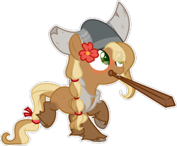 Size: 1709x1415 | Tagged: safe, artist:rerorir, oc, oc:manyunya, earth pony, pony, female, filly, helmet, horned helmet, mouth hold, simple background, solo, transparent background, wooden sword