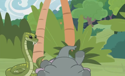 Size: 1260x768 | Tagged: safe, screencap, antoine, muriel, elephant, python, snake, she talks to angel, animal, bush, duo, faint, tree