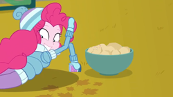 Size: 1600x900 | Tagged: safe, screencap, pinkie pie, equestria girls, equestria girls series, holidays unwrapped, spoiler:eqg series (season 2), bowl, clothes, food, jacket, lying down, mittens, potato, solo, sprinkles, toque, winter outfit