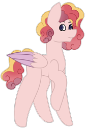 Size: 1954x2884 | Tagged: safe, artist:midnightamber, pegasus, pony, breeding result, curly mane, curly tail, magical lesbian spawn, male, multicolored hair, offspring, parent:pear butter, parent:princess cadance, raised hoof, smiling, solo, stallion