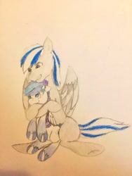 Size: 2448x3264 | Tagged: safe, artist:blueskies~, oc, oc:blueskies, oc:onyx diamond, pegasus, pony, cuddling, cute, fez, gay, hat, hooves, horns, hug, male, shipping, size difference, stallion, wings