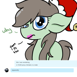 Size: 700x700 | Tagged: safe, artist:wisheslotus, oc, oc only, oc:paradox, earth pony, pony, ask, christmas, earth pony oc, femboy, hat, holiday, lipstick, male, santa hat, solo, speech, stallion, tumblr