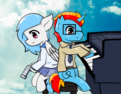 Size: 900x700 | Tagged: safe, artist:wisheslotus, oc, oc only, oc:wishes, pegasus, pony, unicorn, collaboration, clothes, cloud, coat, duo, female, freckles, glasses, gun, horn, male, mare, musical instrument, necktie, pegasus oc, piano, sitting, smiling, stallion, unicorn oc, weapon, wings