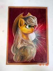 Size: 774x1032 | Tagged: safe, artist:cosmotic1214, applejack, earth pony, pony, colored, colored pencil drawing, head, lexus, solo, traditional art