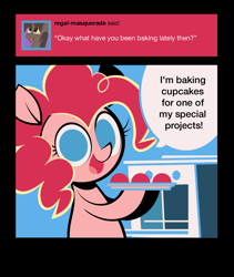 Size: 800x950 | Tagged: safe, artist:footsam, pinkie pie, earth pony, pony, ask, ask pinkie pie and tornado, baking, colored, cupcake, flat colors, food, no pupils, oven, solo, tumblr