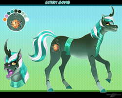 Size: 1170x943 | Tagged: safe, artist:bijutsuyoukai, oc, oc:siren song, changepony, hybrid, exoskeleton, magical lesbian spawn, male, offspring, parent:lyra heartstrings, parent:queen chrysalis, reference sheet, solo