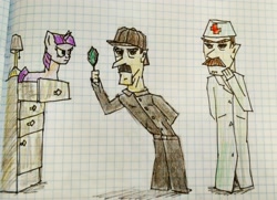 Size: 3236x2340 | Tagged: safe, artist:maksymvaulin, twilight sparkle, unicorn twilight, human, pony, unicorn, graph paper, john watson, magnifying glass, sherlock holmes, traditional art