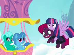 Size: 1440x1080 | Tagged: safe, artist:徐詩珮, fizzlepop berrytwist, glitter drops, spring rain, tempest shadow, twilight sparkle, twilight sparkle (alicorn), alicorn, pony, unicorn, series:sprglitemplight diary, series:springshadowdrops diary, base used, bisexual, broken horn, clothes, cute, female, flying, glitterbetes, glitterlight, glittershadow, horn, hot air balloon, lesbian, polyamory, scarf, shipping, sprglitemplight, springbetes, springdrops, springlight, springshadow, springshadowdrops, tempestbetes, tempestlight, twiabetes