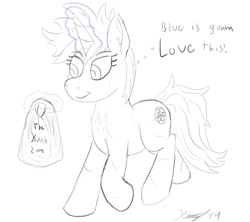 Size: 1800x1600 | Tagged: safe, artist:kalashnikitty, oc, oc:six-shooter, pony, unicorn, fallout equestria, black and white, female, glowing horn, grayscale, happy, horn, lineart, magic, mare, monochrome, plastic bag, sketch, solo, speech, telekinesis, thought bubble, trotting