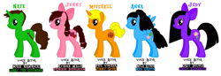 Size: 6960x2408 | Tagged: safe, artist:nathaniel hansen, pony, pony creator, anna, blue pony, emily elizabeth, female, green pony, grey delisle, hynden walch, jenny, jimmy gourd, judy, kids friends, larry the cucumber, male, mare, meg griffin, mike nawrocki, mila kunis, mitchell, nate, orange pony, phil vischer, pink pony, princess bubblegum, purple pony, solo, stallion, voice actor