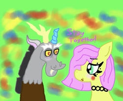 Size: 1007x828 | Tagged: safe, artist:kittycatrittycat, discord, fluttershy, draconequus, pegasus, pony, comic:soarin to the rainbow, blushing, choker, discoshy, female, flutterbitch, lipstick, makeup, male, shipping, short hair, simple background, straight, text