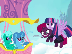 Size: 1440x1080 | Tagged: safe, artist:徐詩珮, fizzlepop berrytwist, glitter drops, spring rain, tempest shadow, twilight sparkle, twilight sparkle (alicorn), alicorn, pony, unicorn, series:sprglitemplight diary, series:springshadowdrops diary, base used, bisexual, broken horn, clothes, cute, dialogue, female, flying, glitterbetes, glitterlight, glittershadow, horn, hot air balloon, lesbian, polyamory, scarf, shipping, sprglitemplight, springbetes, springdrops, springlight, springshadow, springshadowdrops, tempestbetes, tempestlight, twiabetes