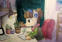 Size: 5120x3461 | Tagged: safe, artist:lightisanasshole, oc, cat, pony, unicorn, book, bookshelf, brown eyes, brown mane, calm, chair, clothes, desk, flower, headphones, hoodie, levitation, magic, music, night, notebook, ponytail, reference, room, scarf, sitting, smiling, solo, sweater, table, telekinesis, watercolor painting, window, writing