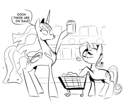 Size: 779x628 | Tagged: safe, artist:cassettepunk, princess twilight 2.0, rarity, twilight sparkle, twilight sparkle (alicorn), alicorn, pony, unicorn, the last problem, female, grocery store, mare, monochrome, older, older rarity, shopping cart