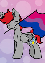 Size: 2150x3035 | Tagged: safe, artist:jellyys, oc, oc only, oc:cherry feather, pegasus, pony, bisexual, bisexual pride flag, female, flag, mare, mouth hold, pride, pride flag, pride month, short hair, solo, standing, wings