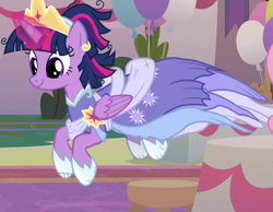 Size: 900x700 | Tagged: safe, screencap, twilight sparkle, twilight sparkle (alicorn), alicorn, pony, the last problem, balloon, clothes, coronation dress, cropped, crown, dress, hoof shoes, jewelry, jumping, majestic as fuck, messy mane, regalia, second coronation dress, solo