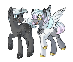 Size: 1024x882 | Tagged: safe, artist:paisleyperson, oc, oc only, oc:fairy floss, oc:pop rock, pegasus, pony, unicorn, colored hooves, dappled, male, simple background, stallion, transparent background