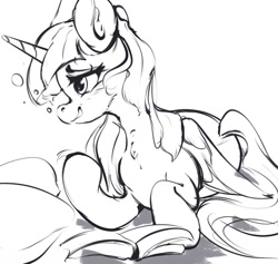 Size: 1213x1152 | Tagged: safe, artist:tohupo, twilight sparkle, twilight sparkle (alicorn), alicorn, pony, book, female, mare, monochrome, prone, solo