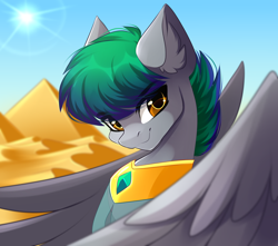 Size: 2000x1765 | Tagged: safe, artist:airiniblock, oc, oc only, oc:mido storm, sphinx, clothes, commission, desert, jewelry, large wings, male, pyramid, rcf community, sand, scenery, smiling, solo, sphinx oc, wings