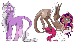 Size: 5294x3000 | Tagged: safe, artist:graceysworld, oc, oc only, oc:passiflora, oc:primrose pie, draconequus, draconequus hybrid, draconequus oc, duo, female, interspecies offspring, offspring, parent:discord, parent:pinkie pie, parents:discopie, siblings, simple background, sisters, transparent background
