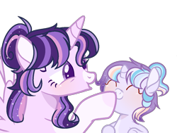 Size: 1211x914 | Tagged: safe, artist:xxcutecookieswirlsxx, twilight sparkle, twilight sparkle (alicorn), oc, oc:moon eclipse, alicorn, pony, unicorn, alternate design, alternate universe, female, foal, magical lesbian spawn, mare, mother and child, mother and daughter, multicolored hair, offspring, parent and child, parent:rainbow dash, parent:twilight sparkle, parents:twidash, raised wings, sparkles