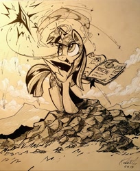 Size: 1120x1372 | Tagged: safe, artist:kaleido-art, twilight sparkle, twilight sparkle (alicorn), alicorn, pony, book, female, inktober, inktober 2019, magic, mare, smiling, solo, traditional art