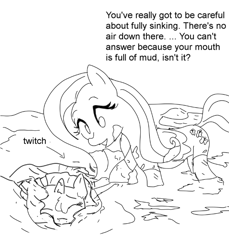 Size: 702x765 | Tagged: safe, derpibooru import, fluttershy, pegasus, pony, monochrome, mud