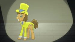 Size: 1920x1080 | Tagged: safe, screencap, cheese sandwich, pony, the last laugh, clothes, cutie mark, floor, grin, hat, necktie, smiling, solo, teeth