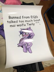 Size: 3024x4032 | Tagged: safe, twilight sparkle, twilight sparkle (alicorn), alicorn, pony, blushing, bronycon 2019, covering, embarrassed, female, mare, sign, sweat, sweatdrop, text, waifu, wing hands, wings