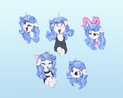 Size: 3197x2550 | Tagged: safe, artist:vanillaghosties, oc, oc only, oc:melodia, pony, unicorn, bow, bunny suit, bust, clothes, female, gift art, gradient background, maid, mare, portrait, smiling, sweater, tongue out