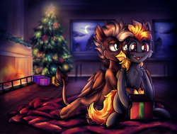 Size: 1652x1250 | Tagged: safe, artist:deraniel, oc, oc:digidash, oc:grimvale, griffon, pegasus, pony, blushing, christmas, christmas tree, couple, fire, fireplace, gay, happy, holiday, huggies, male, moon, new year, present, smiling, smirk, snuggling, tree, window