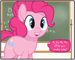 Size: 734x588 | Tagged: safe, artist:tex, edit, pinkie pie, earth pony, pony, chalkboard, cute, teacher