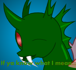 Size: 1836x1694 | Tagged: safe, alternate version, artist:hybrid-changling, oc, oc only, oc:hybrid changeling, changeling, caption, changeling oc, fangs, gradient background, green changeling, if you know what i mean, one eye closed, red eyes, solo, wink