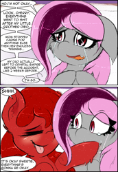 Size: 648x942 | Tagged: safe, artist:freefraq, oc, oc:cherry slime, oc:lilac san, bat pony, goo, goo pony, original species, comic:story cherry shenigans, crying, tongue out