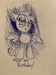 Size: 3024x4032 | Tagged: safe, artist:ostrich farts, scootaloo, pony, anniversary, cute, happy birthday mlp:fim, looking at you, mlp fim's ninth anniversary, older, older scootaloo, scootalove, sketch, solo, spread wings, traditional art, wings