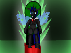 Size: 1600x1200 | Tagged: safe, artist:auroraswirls, oc, oc only, changeling, blue changeling, changeling oc, fangs, male, sitting, slit eyes, solo, throne