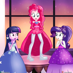 Size: 4000x4000 | Tagged: safe, artist:dieart77, pinkie pie, rarity, twilight sparkle, equestria girls, clothes, commission, dancing, dress, open mouth, skirt lift