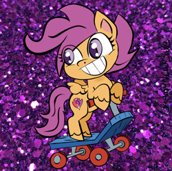 Size: 1536x1523 | Tagged: safe, artist:amynewblue, scootaloo, pegasus, pony, my little pony: pony life, abstract background, cute, cutie mark, eye clipping through hair, female, filly, glitter, scooter, solo, the cmc's cutie marks