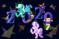 Size: 1900x1253 | Tagged: safe, artist:magerblutooth, diamond tiara, filthy rich, oc, oc:aunt spoiled, oc:dazzle, oc:handy dandy, oc:il, oc:peal, cat, earth pony, pony, comic:diamond and dazzle, 2020, happy new year, happy new year 2020, holiday, imp